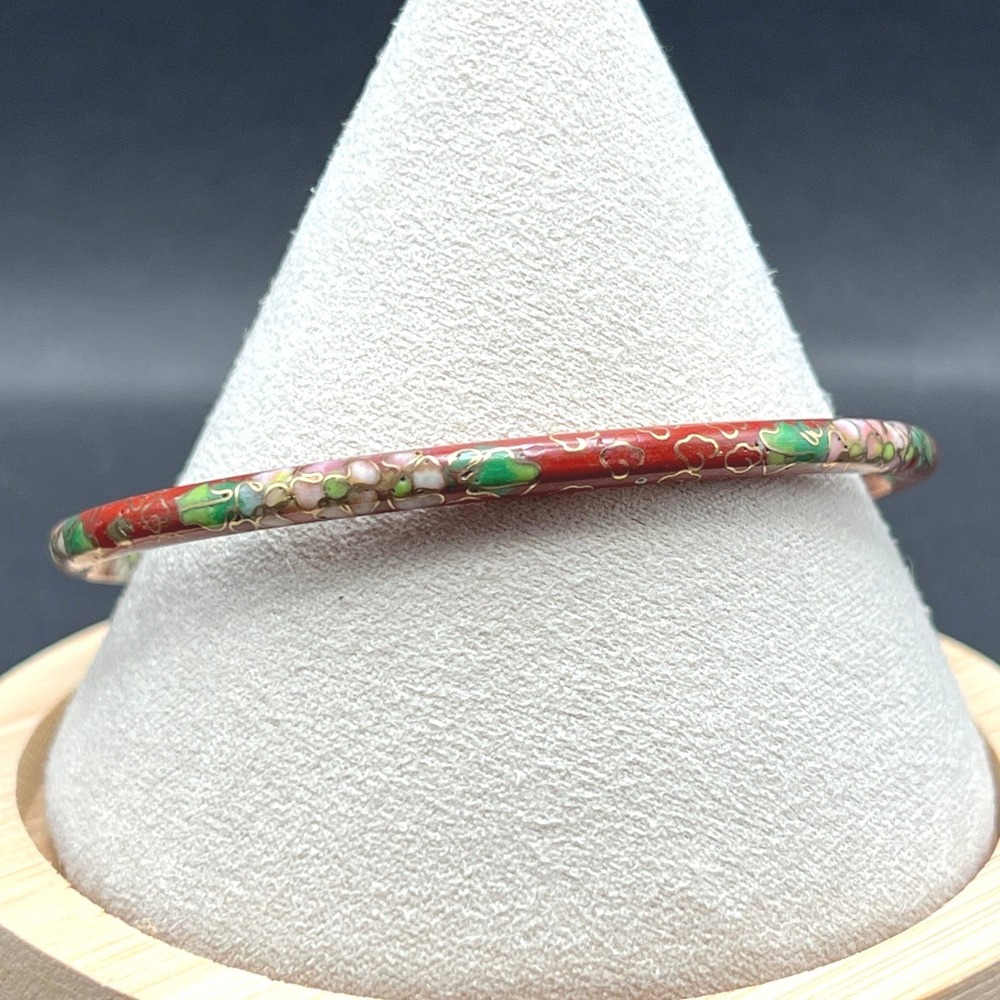 Vintage Bangle Bracelet Floral Cloisonne Red Pink Green Enamel